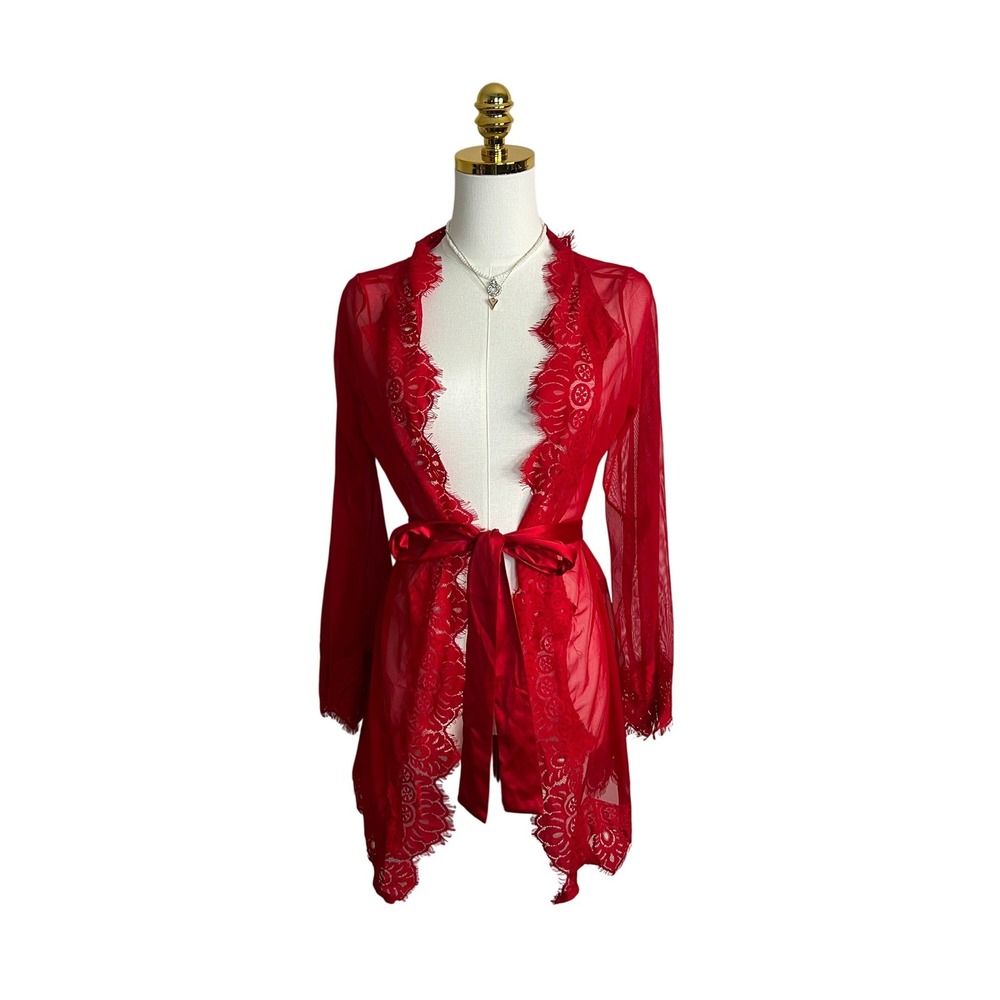 Fredericks of Hollywood Red Sheer Mesh Robe Eyelash Lace Trim Satin Tie S/M